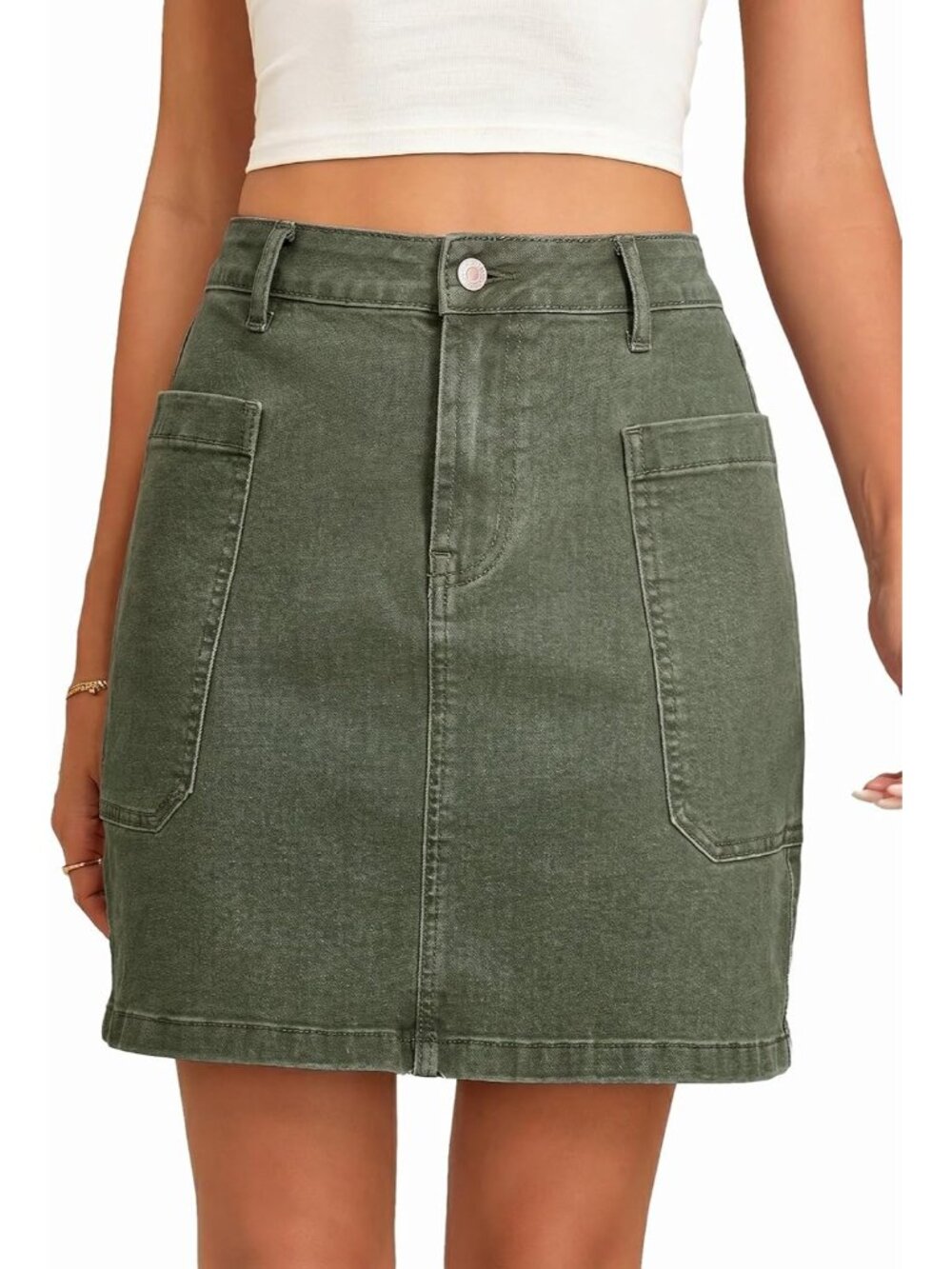 Women's Green Cargo Pocket Straight Casual Knee Length High Waisted Denim Skirt